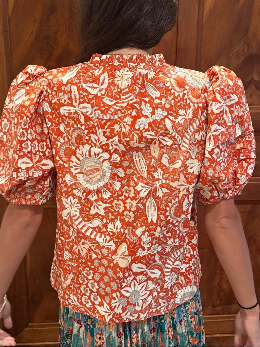 Ulla Johnson Orange Floral Puff-Sleeve V-Neck Blouse